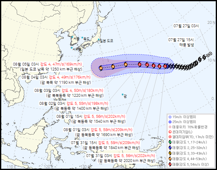 7월 31일자 13호 태풍 돌핀 예상 경로 근황