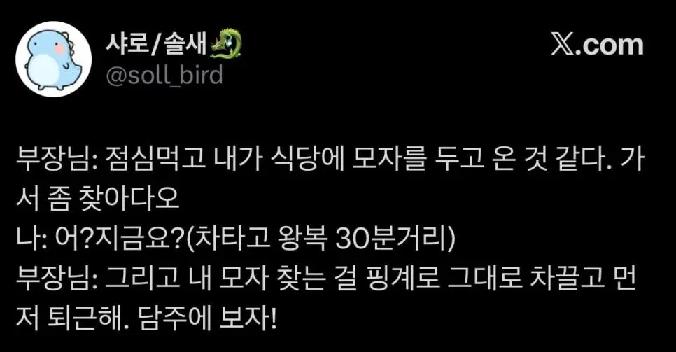 두고온 모자(차타고 30분 거리)를 찾아오라는 부장님