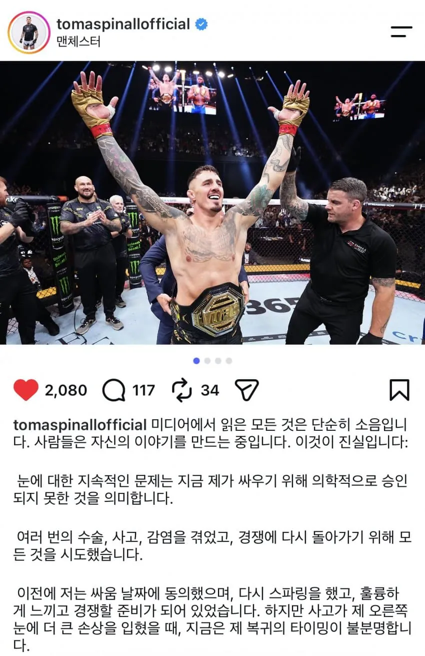 톰 아스피날 눈 부상으로 헤비급 챔피언 타이틀 반납