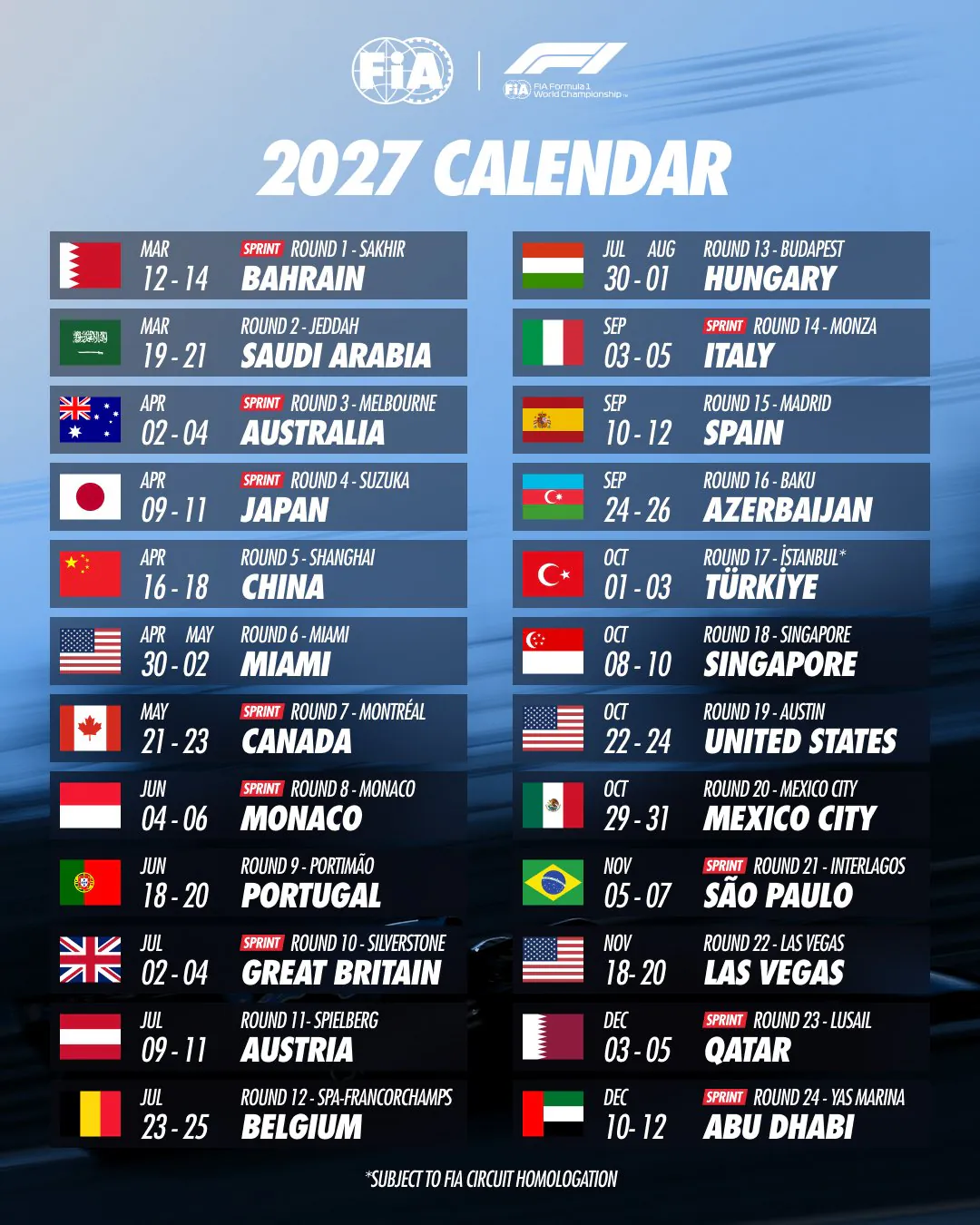 F1 2027시즌 캘린더