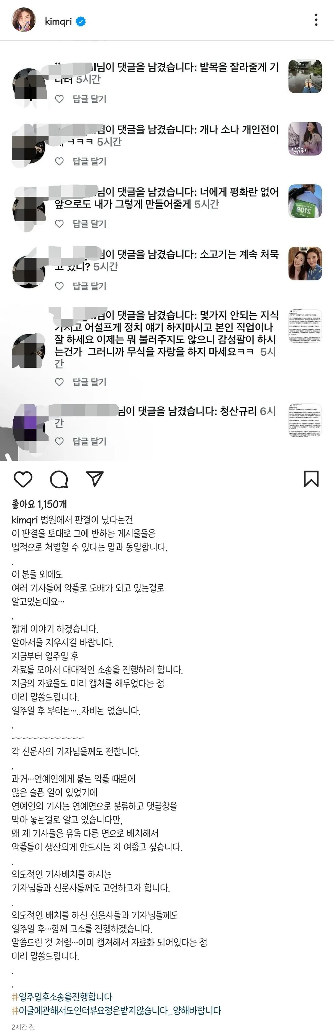 배우 김규리 악플러 및 기사 배치 대규모 고소