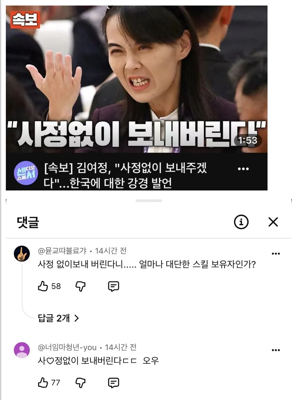 김여정 담화문 영상에 달린 네티즌들의 드립 모음